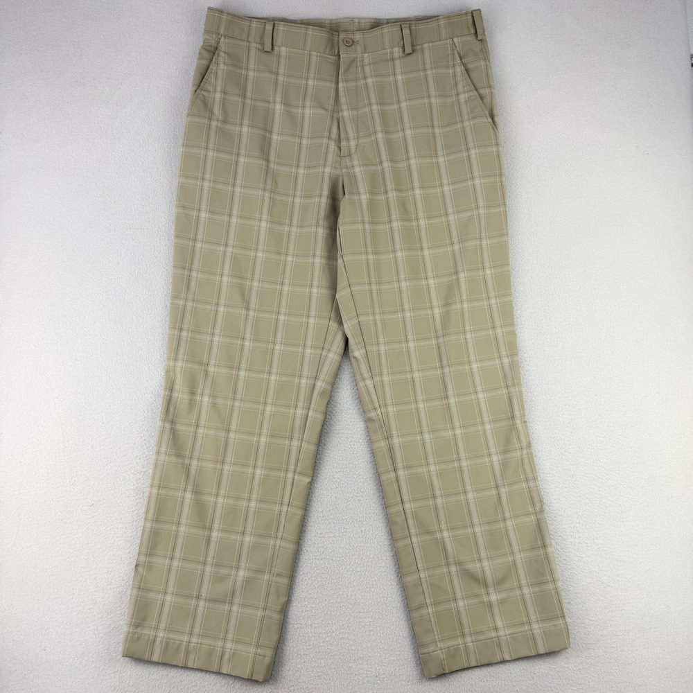 Nike Fit-DRY Golf Pants Mens 36x30 Khaki Plaid Flat Front Performance Stretch